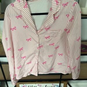 Pink and White Striped  Top with Bow Print